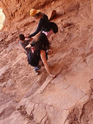 When you gotta nap, you gotta nap! Mark sleeps in his ErgoBaby while Tyren, Grace and Max navigate a steep rock face