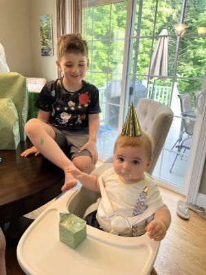 Mark with Max enjoying his birthday breakfast and presents