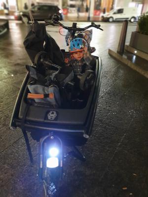 Mark riding in the new cargo bike