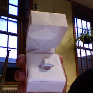 Origami ring box, open (front view)